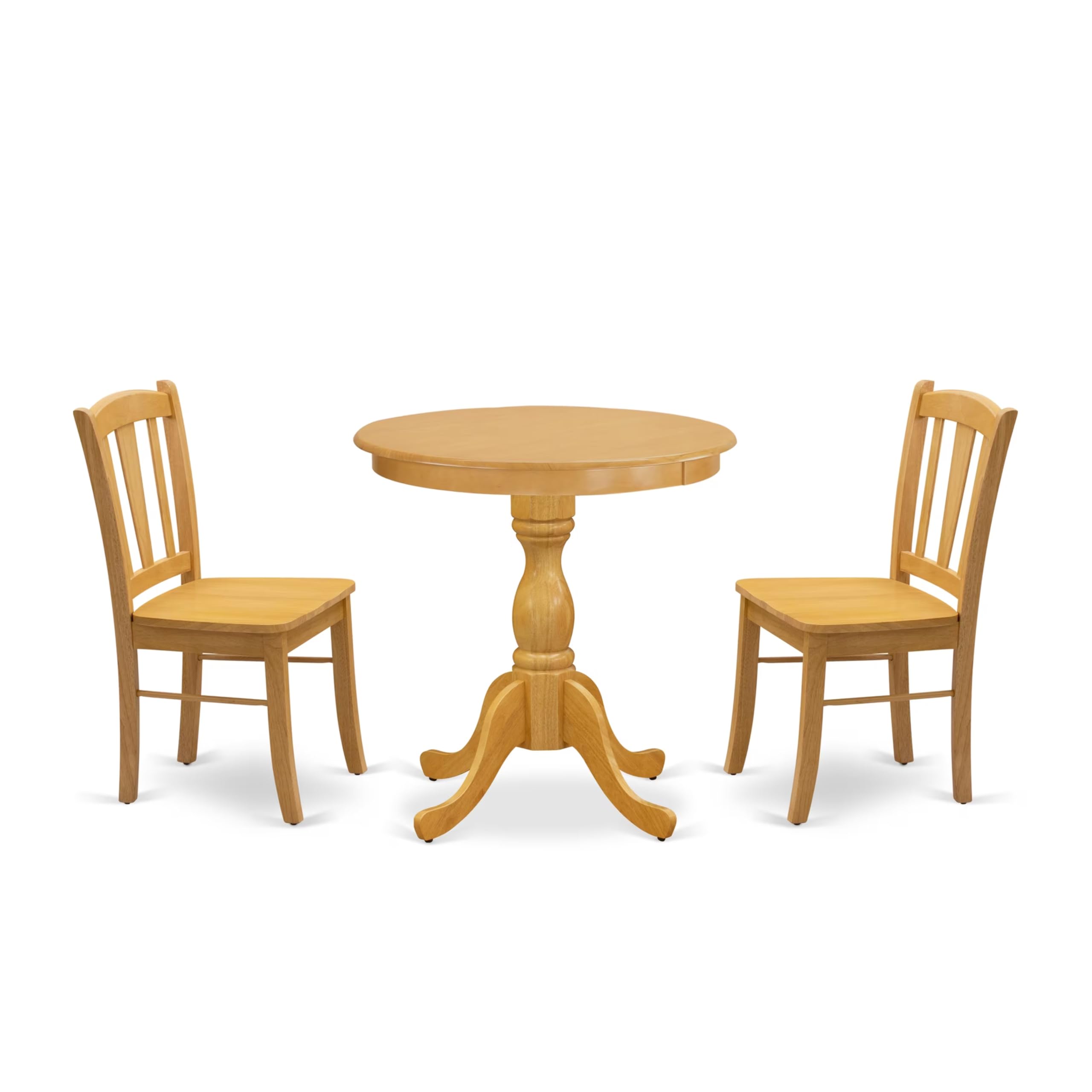 East West Furniture Esdl3-Oak-W 3 Piece Kitchen Table Set For Small Spaces Contains A Round Dining Room Table With Pedestal And 2 Solid Wood Seat Chairs, 30X30 Inch, Oak